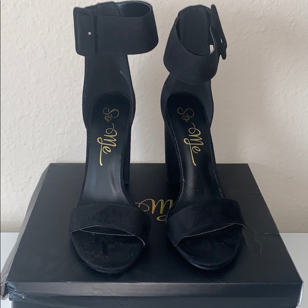 Black suede open toe heels